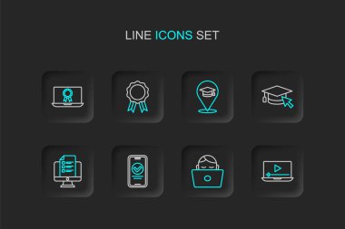 Online Online oyun video öğrencisi dizüstü bilgisayar sınavı test anketinde çalışıyor İmleç eğitimi diploması ve simgesi ile mezun oldu. Vektör.