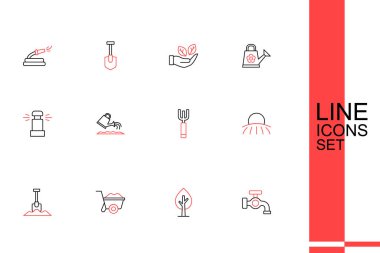 Hat Su Musluğu Ağacı El Arabası, Gündoğumu Bahçesi, yaba, su bidonu ve otomatik sulama ikonu. Vektör.