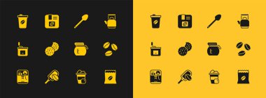 Kettle 'ı Spatula kahve taneli buzlu kahve demliği ya da bisküvi kaşığı çay fincanı ve poşet fasulye ikonu ile hazırla. Vektör.