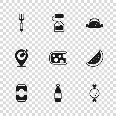 Bir şişe karpuzlu tavuk budu peynirli taco tortilla çatalı çay poşeti ve ikon. Vektör.