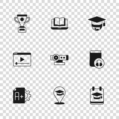 Çevrimiçi eğitim Ses Kitabı Web Kamerası Graduation cap Graduation Award cup class ve video simgesi oyna. Vektör.