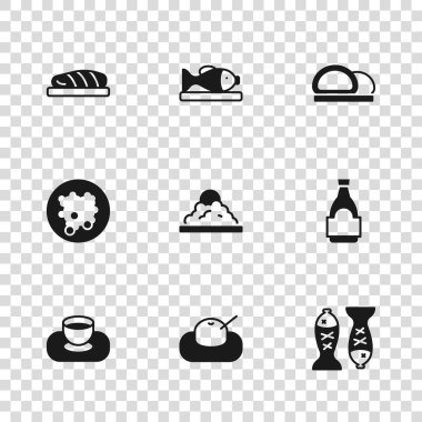 Mochi Soya sosu şişesini hazırla. Tabakta pilav, suşi balığı bifteği ve ikona servis et. Vektör.