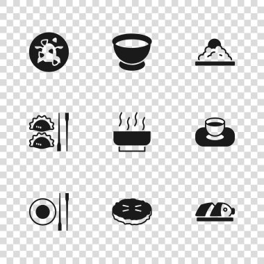 Ev yapımı turta Soya sosunu dilimlenmiş Ramen çorbası, pilav Kung Pao tavuğu ve hamur çubuğu ikonu ile birlikte kâseye koy. Vektör.