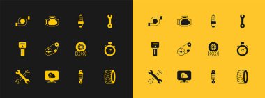 Anahtarı yarış kaskı araba tekerleği şok emici, emniyet kemeri, buji otomotiv turbo şarj aleti ve motor simgesini kontrol et. Vektör.