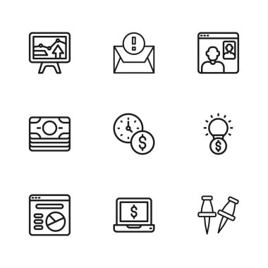 Satır dizüstünü dolar ampul itme pimi zamanı ile ayarla para sohbet konferans grafikleri görüntüleme grafiği zarf ve yığın kağıt para ikonu. Vektör.
