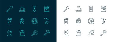 Kahve makinası kahve için Fransız Madalyası 'nı ekspreso tonik, termometre çay kaşığı ve fincan ikonu ile ayarlayın. Vektör.