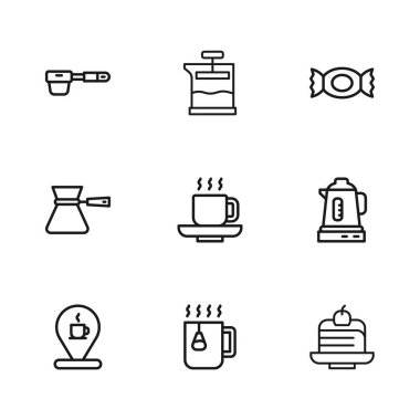 Elektrikli çaydanlık parçalı çay bardağını hazırla. Kahve fincanı, şeker filtresi, Fransız presi ve Türk ikonu. Vektör.