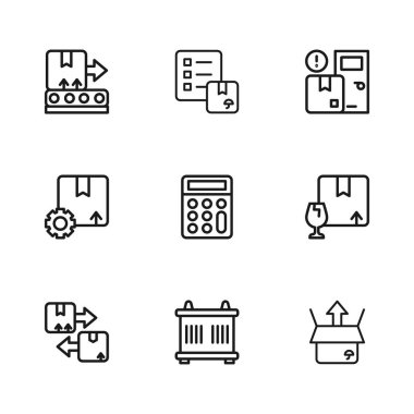 Satır Konteynır Paketi kutusunu hassas içeriği olan Unboxlu Ev Dağıtım Hizmetleri Taşıma Kaydı Onaylama listesi ve Gear paket simgesi ile ayarla. Vektör.