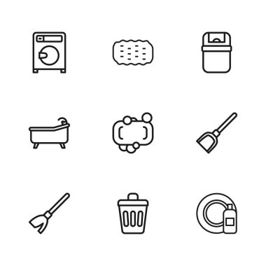 Çöp tenekesi faraş şişesi ve bir tabak sabun deterjanı ve küvet ikonu hazırla. Vektör.