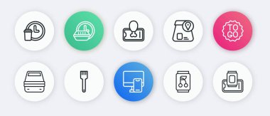 İnternetten yemek siparişi ver. Kahve fincanı sipariş et. Mobil ve Fork ikonunda öğle yemeği konservesi olsun. Vektör.