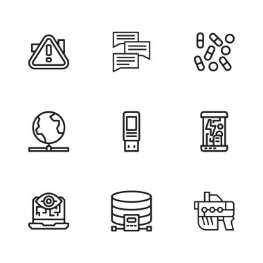 Cloud veritabanı kriyojenik kapsüller Futuristik silah USB flash disk tıbbi hap biyohack ünlem üçgeni konuşma balonu sohbet ve Global teknoloji ikonu ayarla. Vektör.