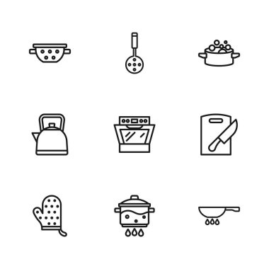 Kavanoz pişirme kabını ateşe verin. Kesme tahtası ve bıçaklı fırın fırını süzgeci Spatula ve Kettle. Vektör.