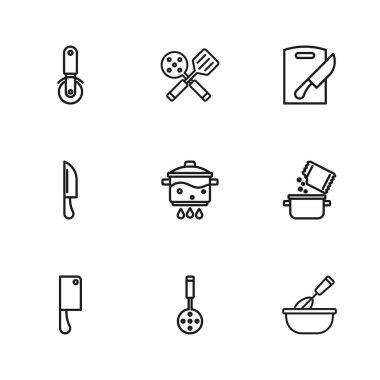 Spatula pişirme kabı ve baharat çırpıcısını ateşe ver. Kesme tahtası bıçağı, pizza ve bıçak ikonu. Vektör.