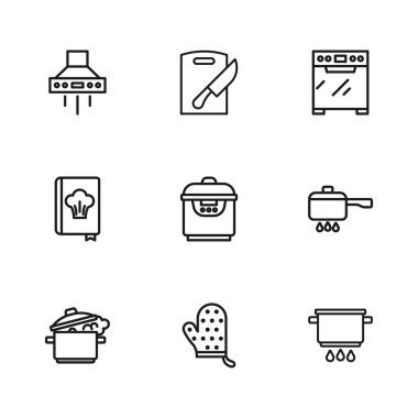 Fırın eldiveni fırın tenceresini ateşe veriyor Yavaş Yemek Mutfağı sökücü fan kesme tahtası, bıçak ve yemek kitabı ikonu. Vektör.