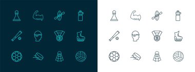 Set hattı fitness sallayıcısı Hokey puck Medal Badminton mekiği beysbol kaskı Kayak ve raket satranç ve vücut geliştirici kas ikonunu gösteriyor. Vektör.