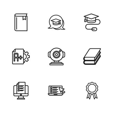 Online Quiz test anket kitabı eğitimini diploma web kamerası kamerasının kapak faresi konuşma balonu ve Sınav kağıdı A artı sınıf ikonu ile ayarla. Vektör.