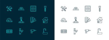 Hat anahtarlarını ayarla Metalik Boru Paleti Rehberi Elektrikli matkap Turna kancası Elektrik prizi Çekici ve İngiliz anahtarı ve İşçi güvenlik miğferi ikonu. Vektör.