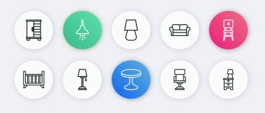 Yuvarlak Masa Sandalyesi Bebek Beşiği ofis sandalyesi mobilya sehpası ve yer ikonu. Vektör.