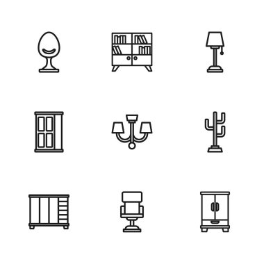 Ofis koltuğu kürsüsünü Gardırop, Avize, Kol Koltuğu Kütüphanesi kitaplığı ve simgesi olarak ayarla. Vektör.