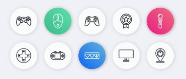 Satır Oyun yaşam çubuğu VR kontrol oyunu veya madalya Power tuşu ve taşınabilir video konsolu simgesi ile joystick bilgisayar izleyici reytingini ayarlayın. Vektör.
