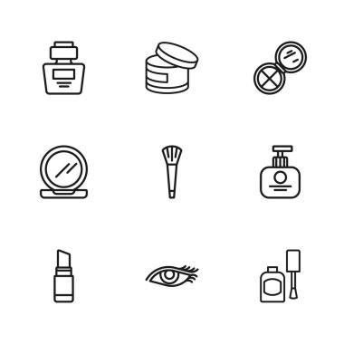 El kreminden kadın göz tüpü, oje, makyaj fırçası, aynalı parfüm kremi, kozmetik tüp ve ikon. Vektör.
