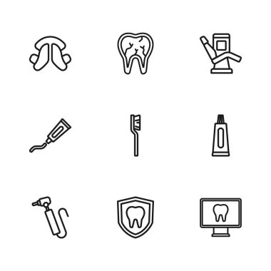 Diş macununun diş fırçasının diş fırçası tıbbi sandalye tabağı kırılmış ve simgesi kırılmış. Vektör.