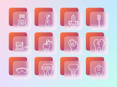 Diş fırçası diş teli takılı diş fırçasını diş macununu, diş macununu, şırıngayı, ağrı kesici tableti ve elektrikli diş fırçası ikonunu yerleştir. Vektör.