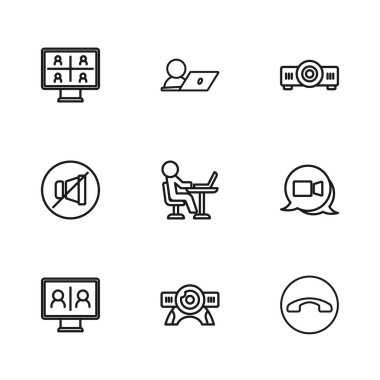 Web kamera görüntülü sohbet konferansı, telefon, freelancer film, medya projektörü ve dilsiz mikrofon ikonu ayarlayın. Vektör.