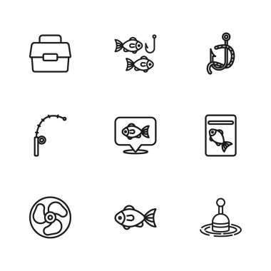 Balık oltası, olta ve olta ikonu için olta kutusu ve olta kutusunda balık servis edilir. Vektör.