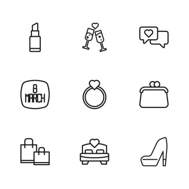 Yatak odası çantalı kadın ayakkabısı elmas yüzük konuşma balonu ruj lekesi şampanya ve 8 Mart ikonu. Vektör.