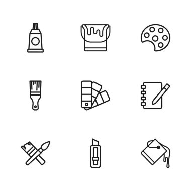 Çizgi kırtasiye bıçağı Not Defteri Boya Kovası Palet Tüpü 'nü boya ve fırça simgesi ile ayarla. Vektör.