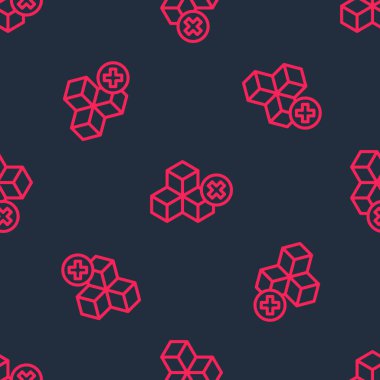 Kırmızı çizgi. Şekersiz simge yok. Siyah arkaplanda pürüzsüz desen var. Küp şekerler. Tatlı, besleyici, lezzetli. Rafine şeker. Vektör.