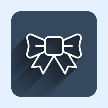 Beyaz çizgi hediye yay ikonu uzun gölge arkaplan izole. Mavi kare düğme. Vektör.