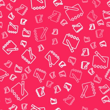 Kırmızı arkaplanda beyaz çizgi Not Defteri simgesi izole edildi. Spiral not defteri simgesi. Okul defteri. Yazı tahtası. Okul günlüğü. Vektör.