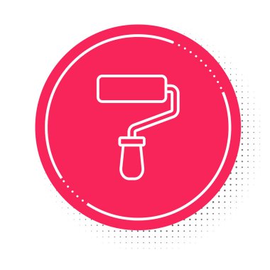 White line Paint roller brush icon isolated on white background. Red circle button. Vector.