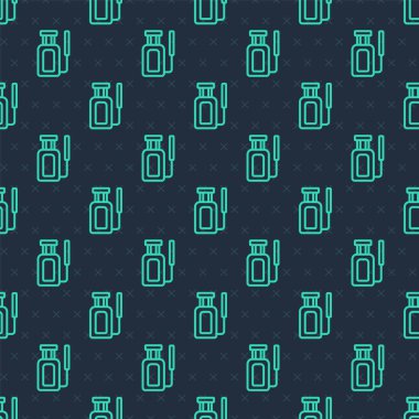 Su için yeşil çizgi bahçe spreyi, gübre, kimyasal ikon mavi arka planda izole edilmiş pürüzsüz desen. Vektör.