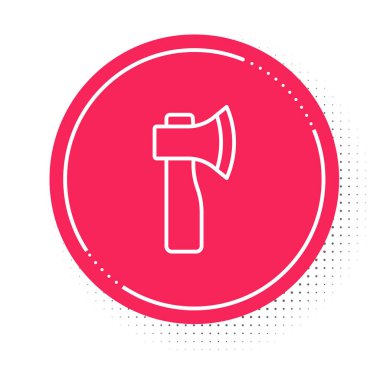 Beyaz çizgi tahta balta simgesi beyaz arkaplanda izole edildi. Oduncu baltası. Kırmızı daire düğmesi. Vektör.