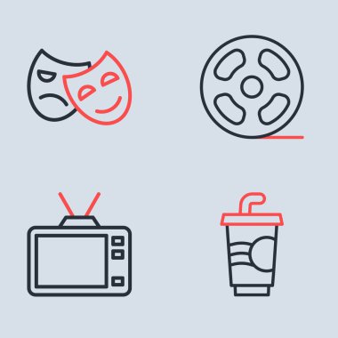 Çizgi film makarası, su, komedi ve trajedi maskesi ikonlu kağıt bardak. Vektör.