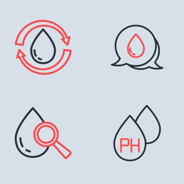 Konuşma baloncuklarıyla su damlasını bırakın büyüteç ve temiz su simgesini geri dönüştürün. Vektör.