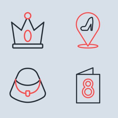 Çizgili Kadın Ayakkabı Çantası Tebrik kartı ve Kral Taç ikonu. Vektör.