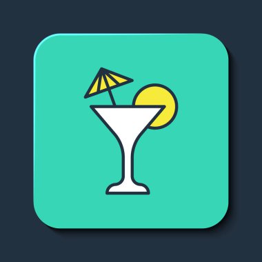 Mavi arka planda izole edilmiş, ana hatlı martini cam ikonu. Kokteyl ikonu. Şarap kadehi ikonu. Turkuaz kare düğme. Vektör.