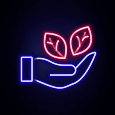 Glowing neon line Hand hold a leaf of the plant icon isolated on brick wall background. Care nature. Leaf shoots with environmental protection. Colorful outline concept. Vector.