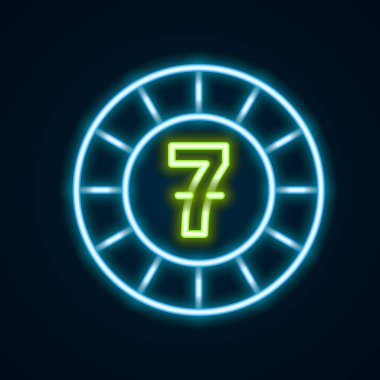 Parlayan neon hattı kumarhane çipleri simgesi siyah arkaplanda izole edildi. Kumarhane kumarı. Renkli taslak konsepti. Vektör.