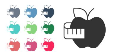 Siyah Elma ve mezura simgesi beyaz arkaplanda izole edilmiş. Fazla kilolu. Sağlıklı diyet menüsü. Fitness diyeti elması. Simgeleri renklendirin. Vektör.