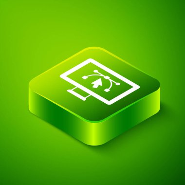 Yeşil arkaplanda izole edilmiş vektör tasarım program simgesine sahip Isometric Bilgisayar görüntüsü. Kullanıcı arayüzü ile fotoğraf düzenleme yazılımı. Yeşil kare düğmesi. Vektör.