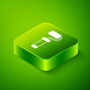 Isometric Paint roller brush icon isolated on green background. Green square button. Vector.