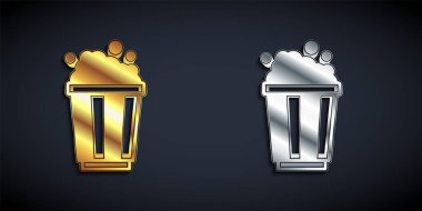 Siyah arka planda izole edilmiş karton kutuda altın ve gümüş patlamış mısır. Patlamış mısır kutusu. Uzun gölge tarzı. Vektör.