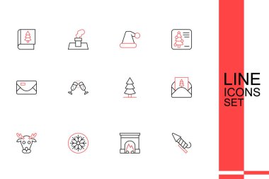 Firework roket dizisi şömine içi Kar Tanesi Ren Geyiği Zarfı Noel ağacı, şampanya ve ikon. Vektör.