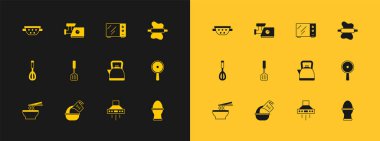 Hamur ölçme bardağına Rolling Pin tak ve mutfak tutacağı vantilatörü Spatula Mikrodalga fırın süzgeci ve et öğütücü ikonu ile Kettle. Vektör.