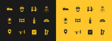 Yonca Trumpet Bira Şişe Aziz Patricks Günü takvimi ile Para çantasını hazırla Karnaval çelenk bayrakları tahta fıçı leprikon çizme ve ikon. Vektör.